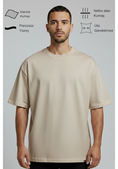 Allunique Erkek Pamuklu Oversize Bisiklet Yaka Bej T-shirt