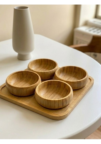 Mucit Home 4'lü Doğal Bambu 4'lü Yuvarlak Bölmeli Çerezlik Seti Sunumluk Servis Tabağı Atıştırmalık Kase Kahverengi