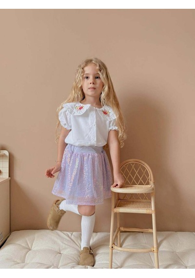Miniko Kids Kız Çocuk Kısa Kol Gömlekli Pullu Etekli Bayramlık Takım Lila