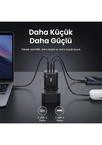 Bix Bx3p102g 100w Usb-c Usb-a 3 Portlu Gan Şarj Aleti Telefon Laptop İçin Pd 3.0 Hızlı Şarj Cihazı Koyu Gri