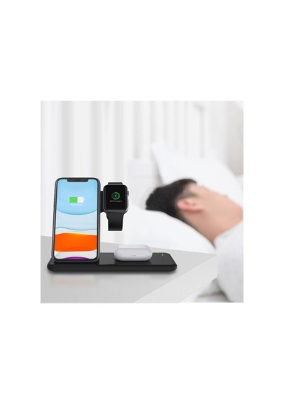 4 In1 Wireless Charger Kablosuz Şarj Istasyonu Standı 15 Watt Android Ve Ios Uyumlu Siyah