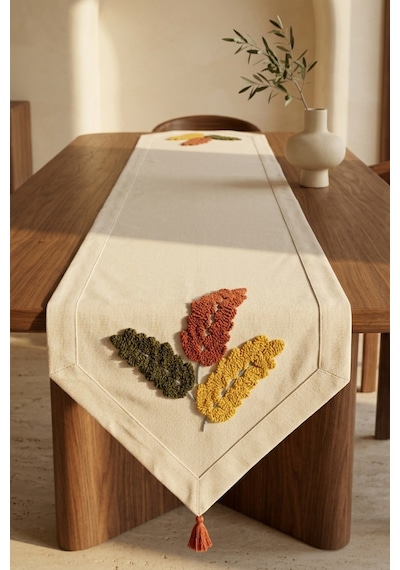 Autumn Leaf Punch Nakışlı Runner 40x130 Cm Pamuk Panama Keten Bej