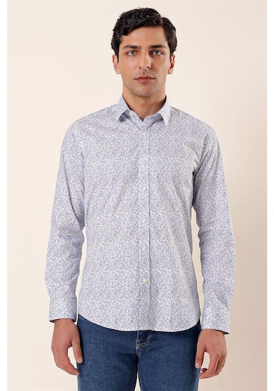 İmza Koyu Mavi Uzun Kollu Baskılı Sert Yaka Cepsiz Pamuklu Likralı Casual Slim Fit Gömlek 1004230135-mavi Mavi
