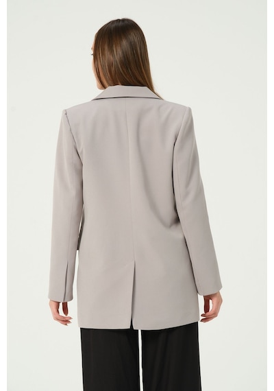 Gri Regular Astarlı Kruvaze Kapama Dokuma Blazer Ceket 001