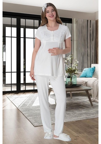 Mecit Pijama Mecit 6000 Bayan Ekru Dantel Sabahlık Hamile Lohusa Pijama Takımı 001
