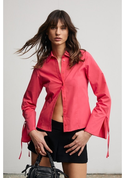 Grımelange Janeta Kadın Kolları Biye Bağlamalı Slim Fit Vucuda Oturan Beyaz Nar Çiçeği Gömlek