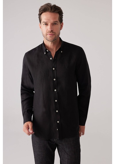 Erkek Siyah Slim Fit Yaka Düğmeli %100 Keten Gömlek