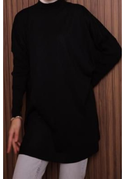 Balenbi Kadın Dik Yaka Basic 80cm Salaş Oversize Triko Tunik 1145 Siyah