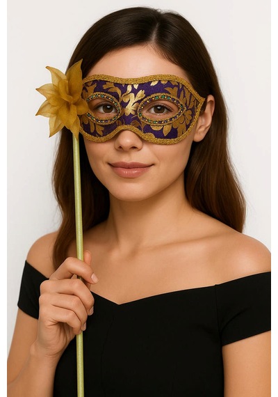 Lüks - 824 - Taşlı Saplı Maskeli Balo Maskesi Mor Renk - Csmo-tex - 35 Cm Yetişkin