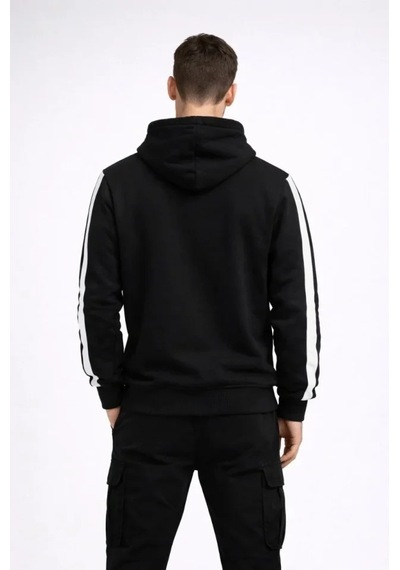 Defymoda Erkek Şeritli Kapüşonlu Sweatshirt Oversize 3 Iplik Pamuklu - Siyah Siyah