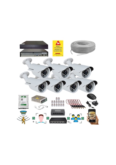 7 Kameralı Set - 5 Mp 1940p Sensör 6 Megapiksel Sony Lens Metal Kasa Ip Güvenlik Kamerası Seti