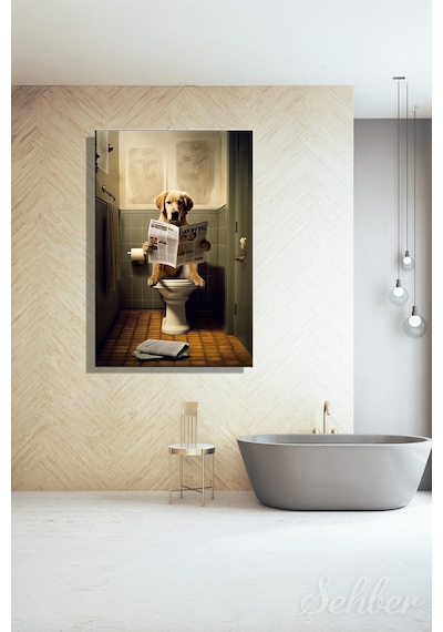 Dekoratif Dikey Kanvas Tablo Tekli Ev Kafe Ofis Banyo Tuvalet Gazete Okuyo Golden Retriever 2062