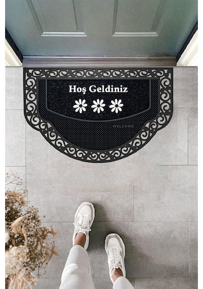Yarım Ay Modeli Hoş Geldiniz Yazlı Çiçek Desenli Kapı Önü Paspası Siyah