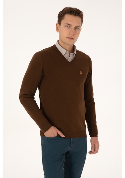 U.S. Polo Assn. Erkek Slim Fit V Yaka Kahverengi Basic Triko Kazak 50313662-VR029