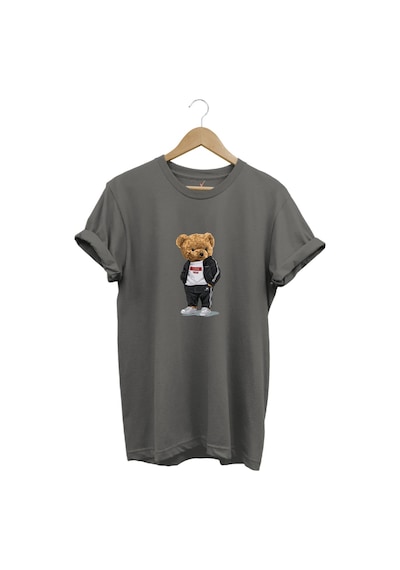 Sevimli Ayıcık Baskılı Love Tasarımlı %100 Pamuk Regular Fit Bisiklet Yaka Unisex T-shirt Gri