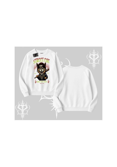 Tarzsokak Street Cat Kedi Baskılı Biskilet Sweatshirt Beyaz