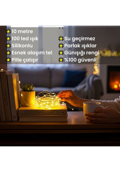 Upway 10m Su Geçirmez Günışığı 100 Led Işık - Pilli Dekoratif Aydınlatma Sarı