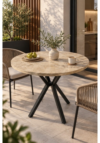Sulorahome 90 Cm Yuvarlak Mutfak Masası - Traverten Desenli Modern Metal Ayaklı