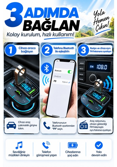Bluetooth Fm Transmitter Araç Kiti Usb Type-c Hızlı Şarj Hd Mikrofon