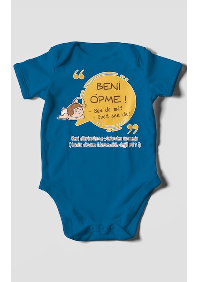 Beni Öpme Bende Mi Evet Sende Baskılı Bebek Zıbını Çıtçıtlı Body %100 Pamuk Kısa Kol Koyu Mavi