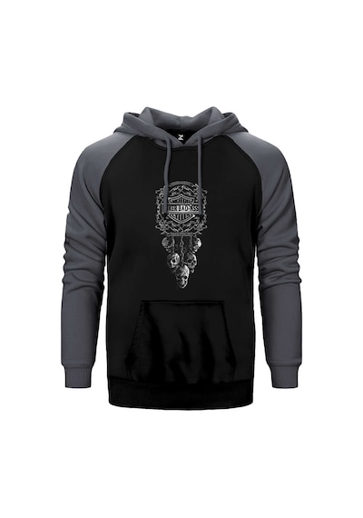 Motorcycle Club Skull Gri Renk Reglan Kol Kapşonlu Sweatshirt Gri