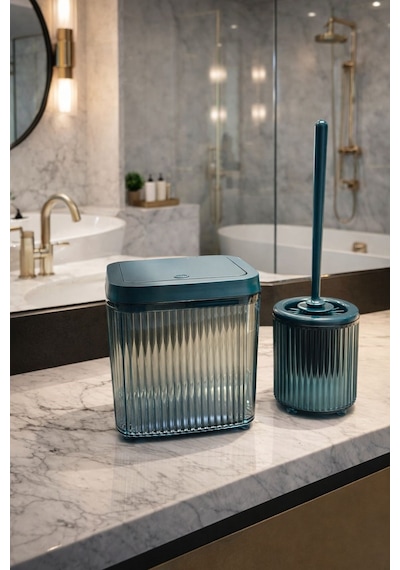 Banyo Çöp Kovası Ve Wc Fırçası Seti Modern Ve Şık Banyo Aksesuarları 2li Set Mavi