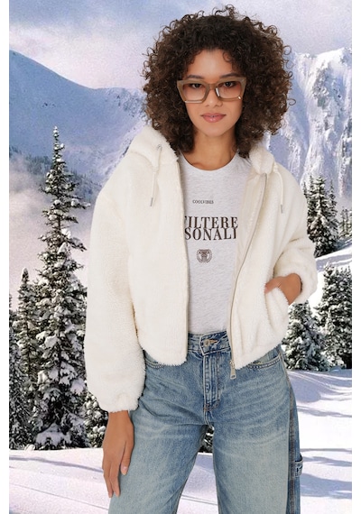Bigdart 5193 Kapüşonlu Peluş Crop Ceket - Ekru