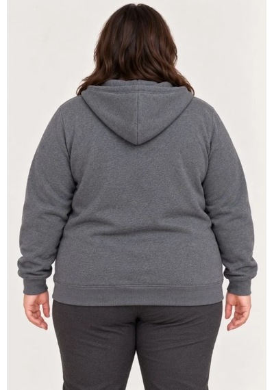 Zennamoda Battal Büyük Beden Üç İplik İçi Şardonlu Kapüşonlu Tam Fermuarlı Kışlık Sweatshirt - Füme
