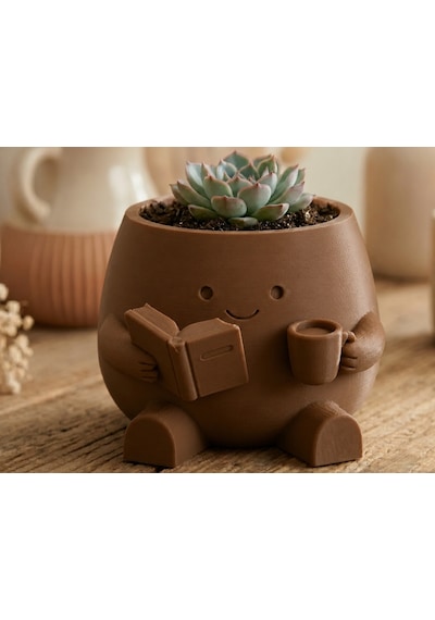3d Baskı Kitap Okuyan Saksı - Kupa Tutan Sevimli Saksı-kahverengi Çok Renkli