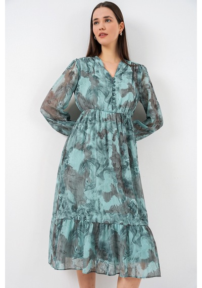 Bigdart 2137 Desenli Şifon Elbise - Mint Yeşili