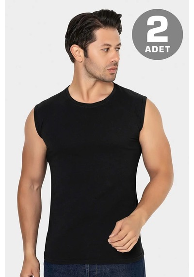 Terrien Özel Seri 2 Adet Erkek Siyah Bisiklet Yaka Kolsuz Tişört Yazlık Giysi Pamuklu Üst Slim Fit Siyah-2