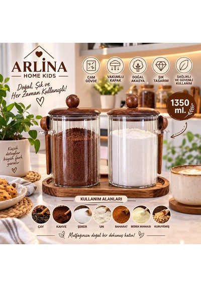 İkili 1350 Ml Akasya Kapaklı Kaşıklı Akasya Standlı Cam Kavanoz Seti Kahverengi