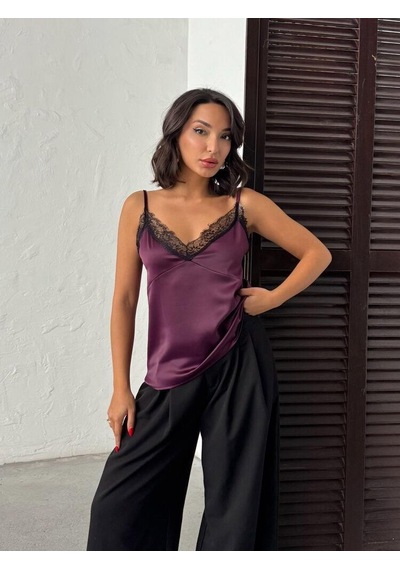 Ckm Moda Noiria Siyah Dantel Detaylı Saten Askılı Kadın Atlet Mürdüm