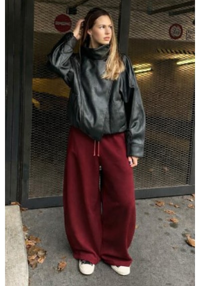 Bordo Stoperli Barrel Fit Şardonlu Kadın Eşofman Altı Mg2687 Bordo