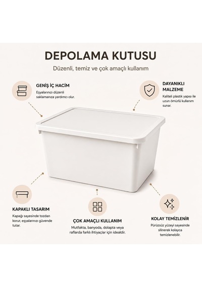 20 Litre Kapaklı Plastik Depolama Kutusu Organizer Kutu Çok Amaçlı Düzenleyici Saklama Kutusu E Beyaz