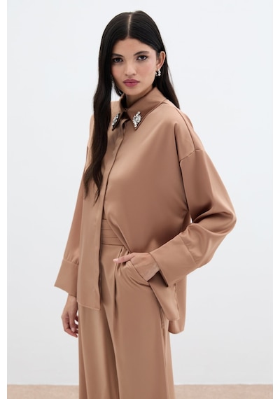 Sateen Aksesuar Detaylı Gömlek - Camel-135989 CAMEL