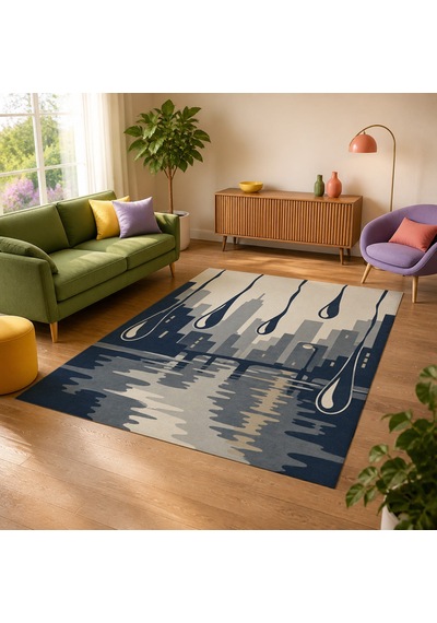 Kartela Halı Yağmur Şehir Silüetli Modern Halı Lacivert Kaymaz Taban Makinede Yıkanabilir 160x240 Cm