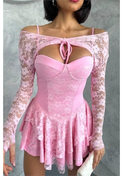Dip Moda Kadın Bolero Detaylı Güpür Prenses Elbise Dpnbdf107 Pembe