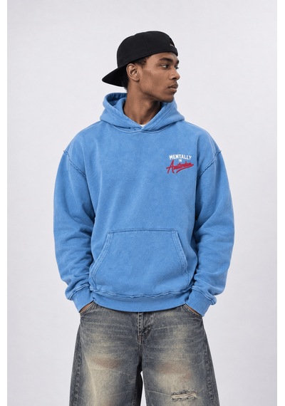 Respire Erkek Pis Dikiş Detaylı Yıkamalı Oversize Hoodie Bebe Mavi