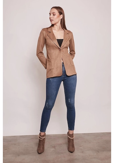 Süet Kumaş Cep Detaylı Düğmeli Şık Blazer Ceket-camel CAMEL