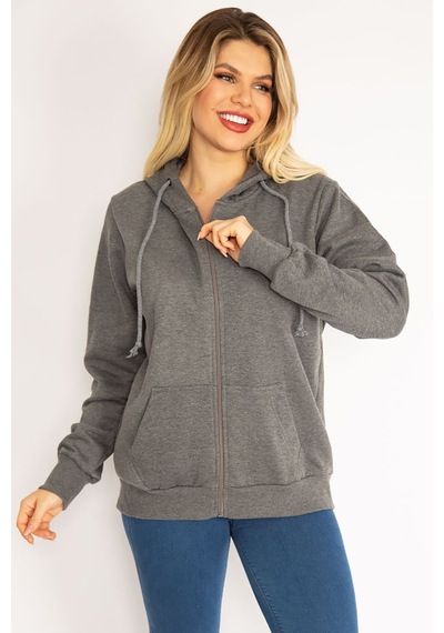 Şans Kadın Gri Sırtı Çift Fermuar ve Çıtçıt Düğme ve Ön Fermuarlı İçi Şardonlu Sweatshirt 65n35069-gri Gri