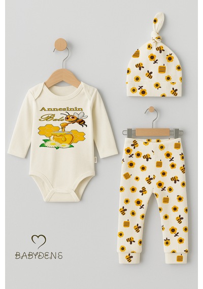 Babyden's Annesinin Balı 3 Lü Yenidoğan Takım %100 Pamuk Uzun Kol Body,pantolon,bere Unisex Ekru