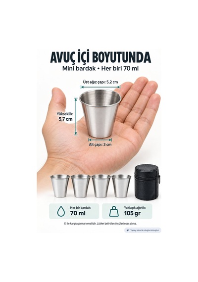 4 Adet Deri Kılıflı 70 Ml. Çelik Shot Kahve Kamp Bardağı Rd95 Gri