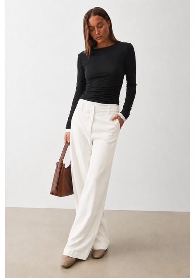Madmext Beyaz Yüksek Bel Keten Wide Leg Pantolon Mg2718