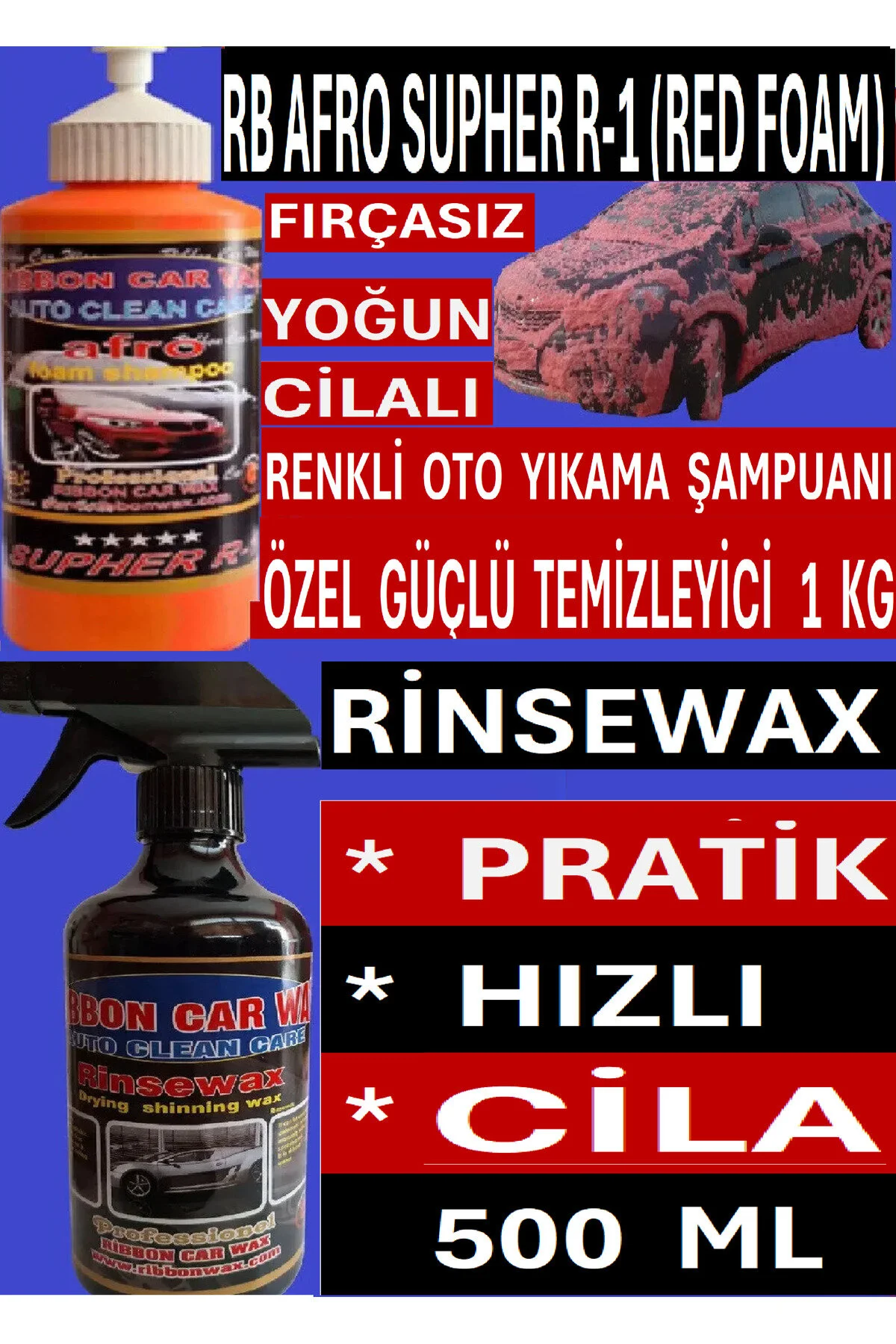 Fırçasız Yoğun Cilalı Renkli Oto Yıkama Şampuanı 1 Kg+ Pratik Hızlı Cila 500 Ml