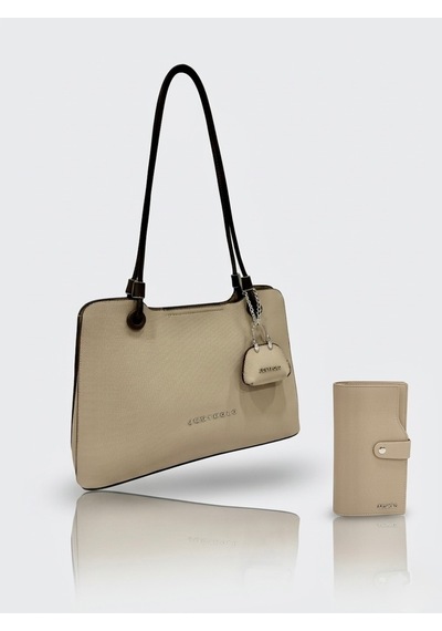Just Polo Kadın Büyük Boy Premium Gümüş Logolu El Çantası Ve Cüzdanı Kombin Tote Bag Ebat : 22 X 34 Cm Kum - Kahverengi