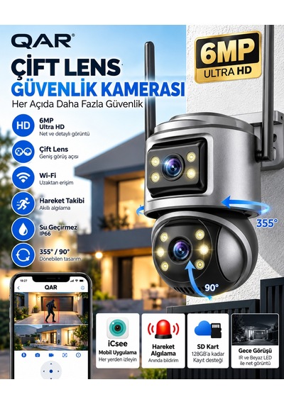 Wifi Akıllı Güvenlik Kamerası Çift Lensli Döner Başlıklı Uzaktan Canlı İzleme Telefon Kontrollü Ip Kamera Gece Görüşlü İç/dış Mekan