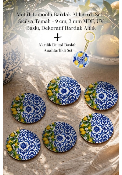 Motifli Limonlu Bardak Altlığı 6 Lı Set Sicilya Temalı 9 Cm Mdf Çok Renkli