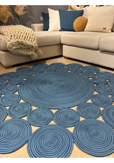 Mavaux Papatya Hasır Jüt Çiçek Desenli Kilim Halı Mavi