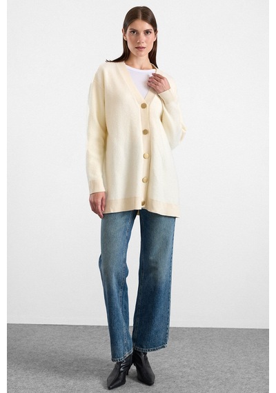 Olcay V Yaka Soft Kumaş Hırka Krem 8295